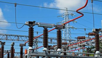 Powerhouse with lattice girders, switches, disconnectors, bars of copper